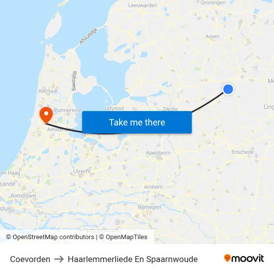 Coevorden to Haarlemmerliede En Spaarnwoude map
