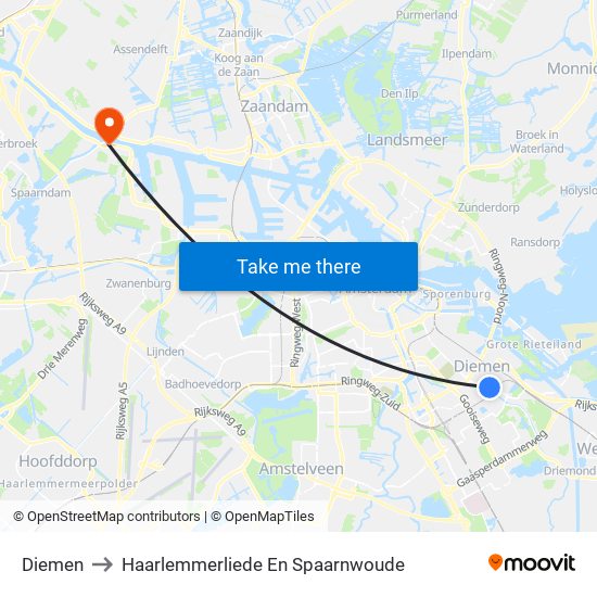 Diemen to Haarlemmerliede En Spaarnwoude map