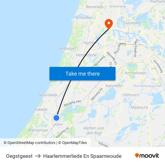 Oegstgeest to Haarlemmerliede En Spaarnwoude map