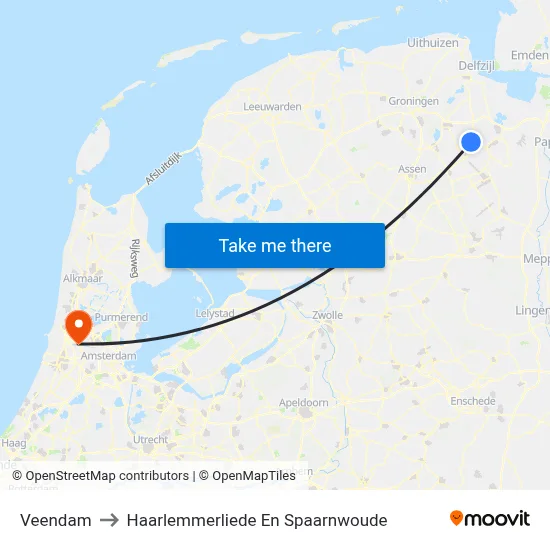 Veendam to Haarlemmerliede En Spaarnwoude map