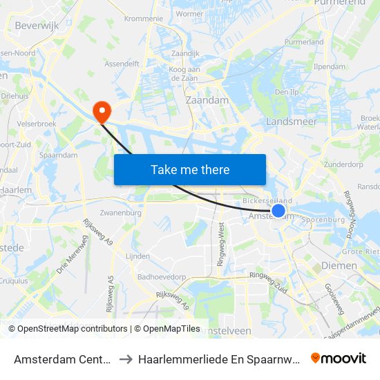 Amsterdam Centraal to Haarlemmerliede En Spaarnwoude map