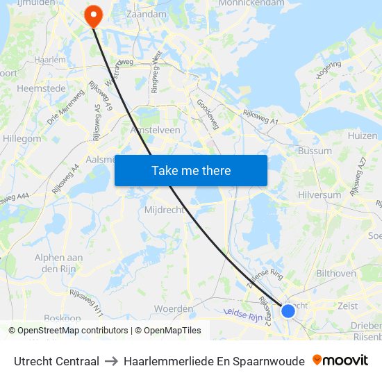 Utrecht Centraal to Haarlemmerliede En Spaarnwoude map