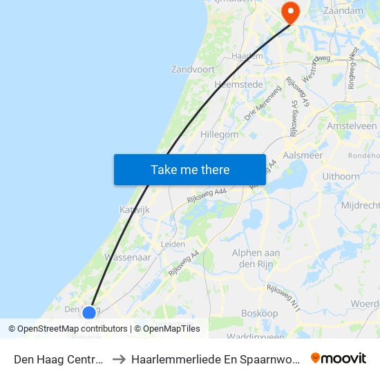 Den Haag Centraal to Haarlemmerliede En Spaarnwoude map