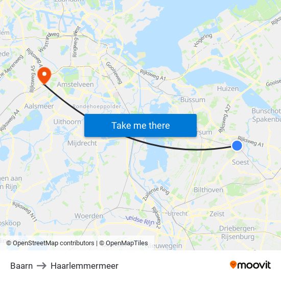 Baarn to Haarlemmermeer map