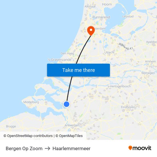 Bergen Op Zoom to Haarlemmermeer map