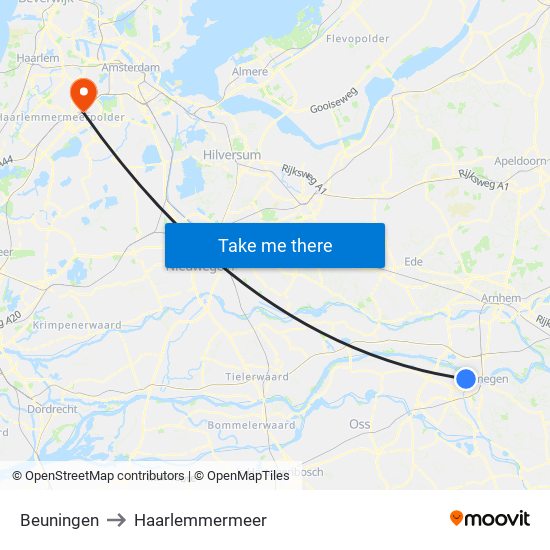 Beuningen to Haarlemmermeer map