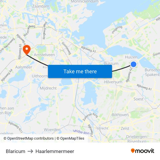 Blaricum to Haarlemmermeer map