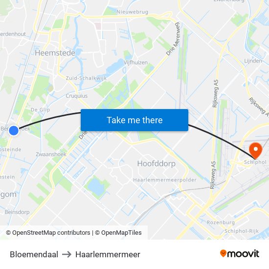 Bloemendaal to Haarlemmermeer map