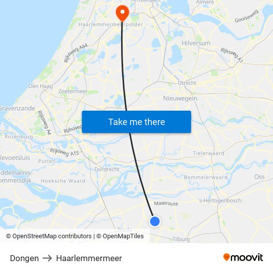 Dongen to Haarlemmermeer map