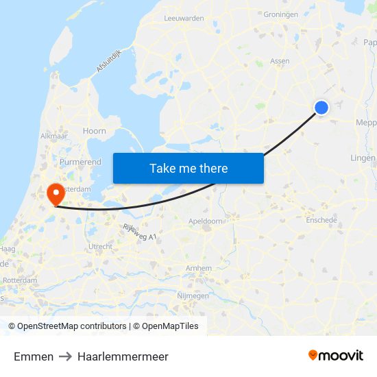 Emmen to Haarlemmermeer map