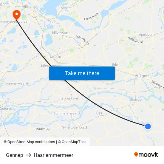Gennep to Haarlemmermeer map