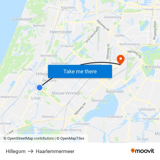 Hillegom to Haarlemmermeer map