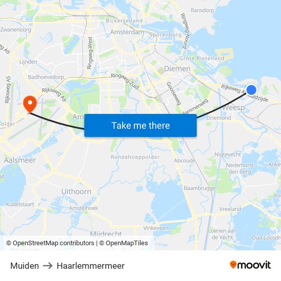 Muiden to Haarlemmermeer map