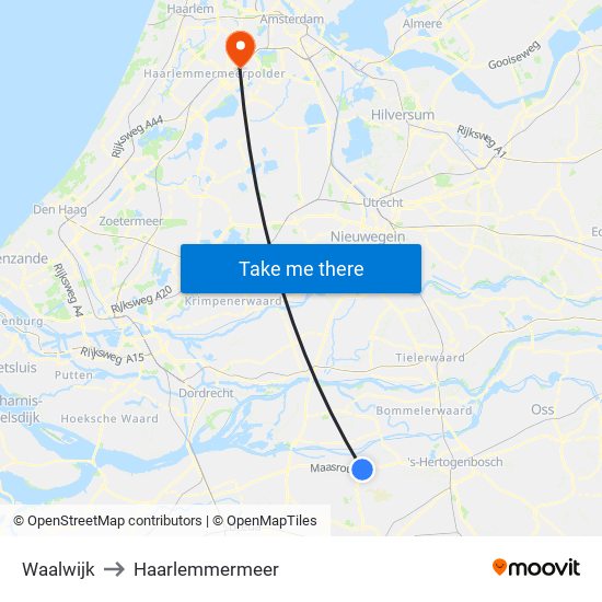 Waalwijk to Haarlemmermeer map