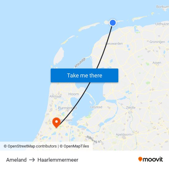 Ameland to Haarlemmermeer map