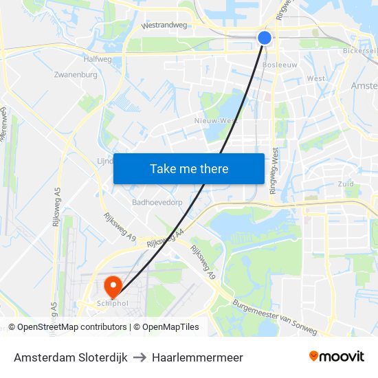 Amsterdam Sloterdijk to Haarlemmermeer map