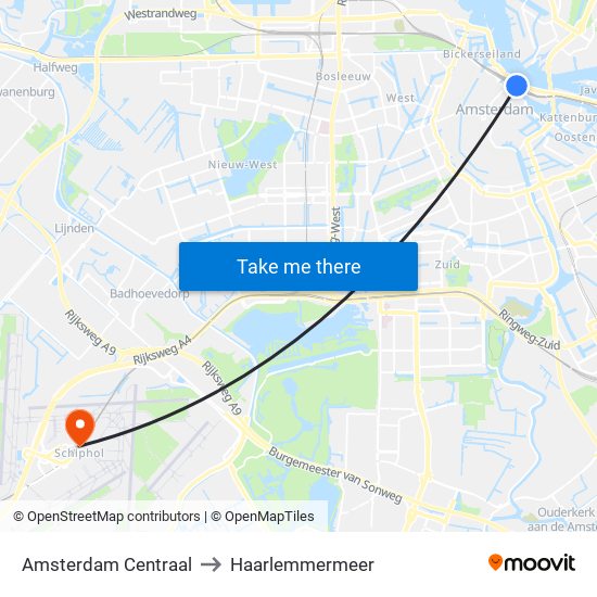 Amsterdam Centraal to Haarlemmermeer map