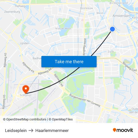 Leidseplein to Haarlemmermeer map