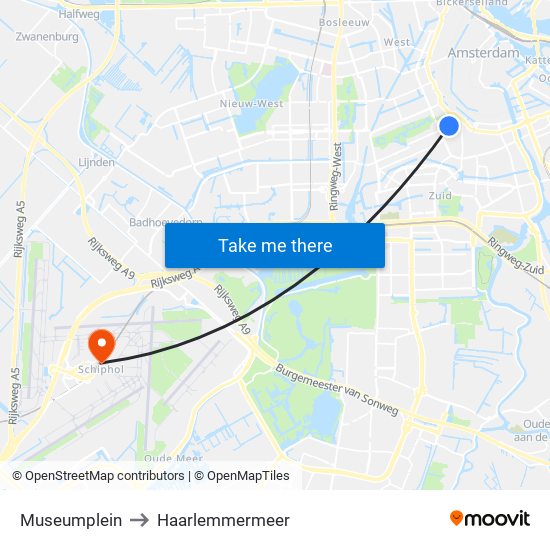 Museumplein to Haarlemmermeer map