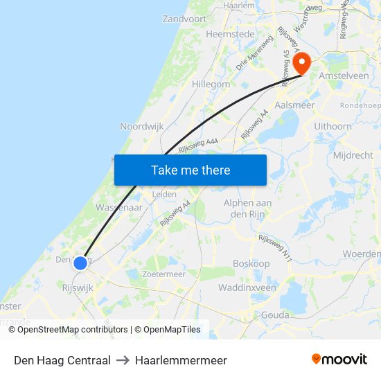 Den Haag Centraal to Haarlemmermeer map