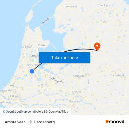 Amstelveen to Hardenberg map