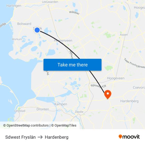 Sdwest Fryslân to Hardenberg map