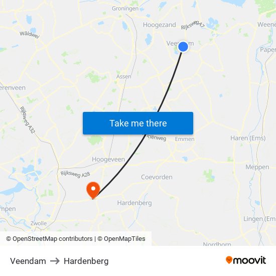 Veendam to Hardenberg map