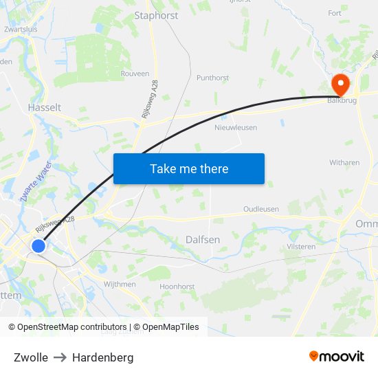 Zwolle to Hardenberg map