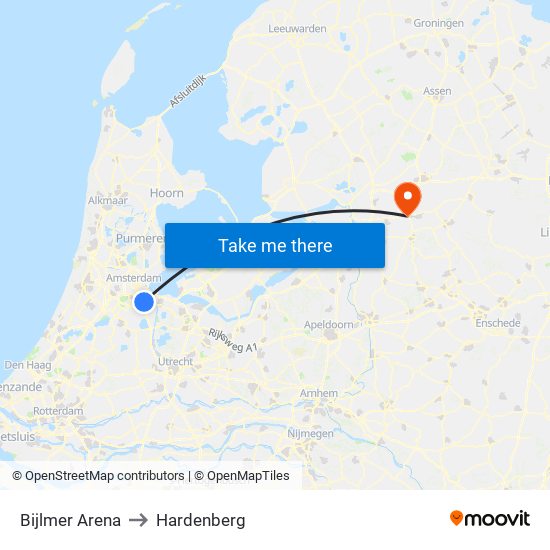 Bijlmer Arena to Hardenberg map