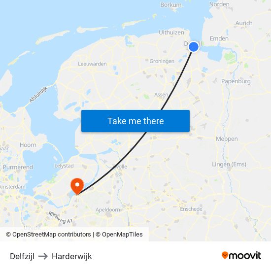 Delfzijl to Harderwijk map