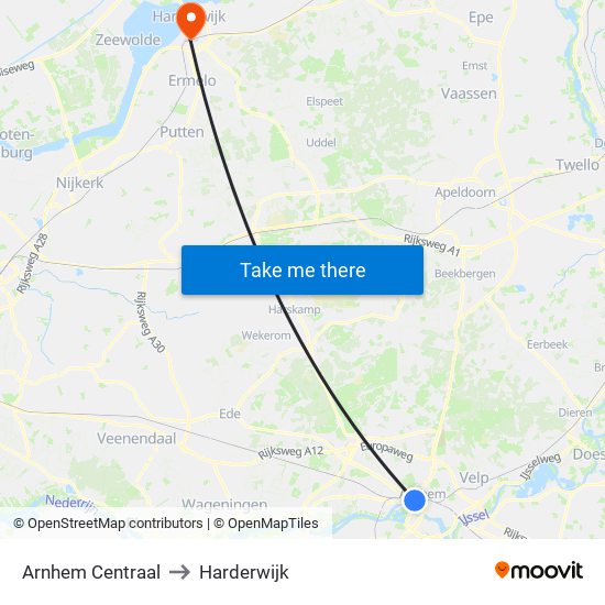 Arnhem Centraal to Harderwijk map