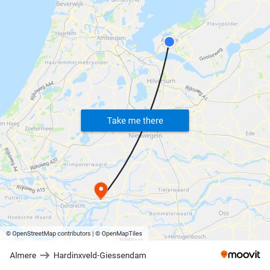 Almere to Hardinxveld-Giessendam map