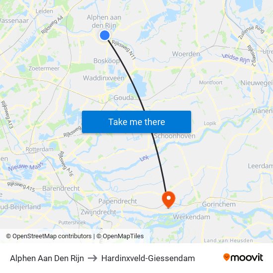 Alphen Aan Den Rijn to Hardinxveld-Giessendam map