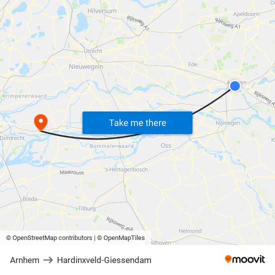 Arnhem to Hardinxveld-Giessendam map