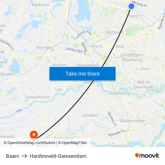 Baarn to Hardinxveld-Giessendam map