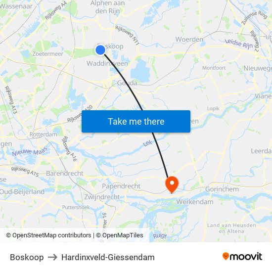 Boskoop to Hardinxveld-Giessendam map