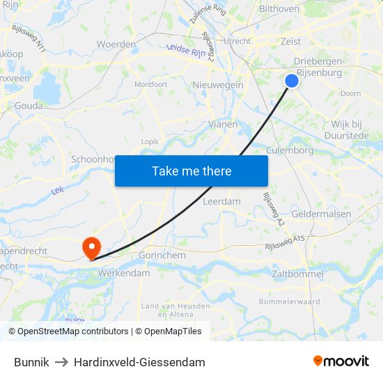 Bunnik to Hardinxveld-Giessendam map