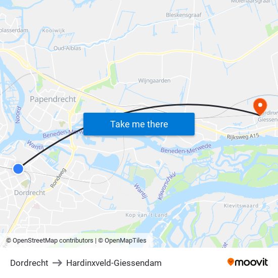 Dordrecht to Hardinxveld-Giessendam map