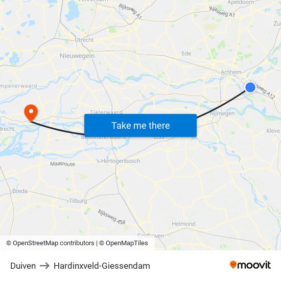 Duiven to Hardinxveld-Giessendam map