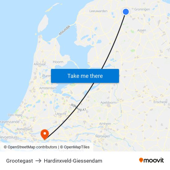 Grootegast to Hardinxveld-Giessendam map