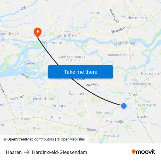 Haaren to Hardinxveld-Giessendam map