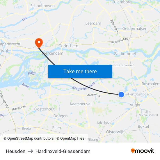 Heusden to Hardinxveld-Giessendam map