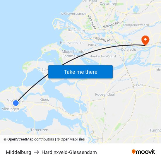 Middelburg to Hardinxveld-Giessendam map