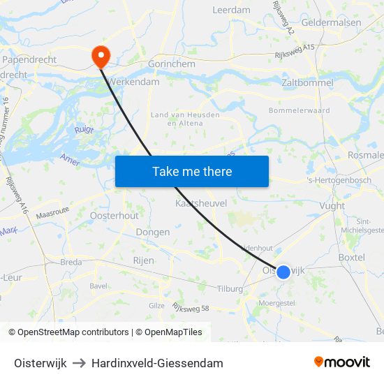 Oisterwijk to Hardinxveld-Giessendam map