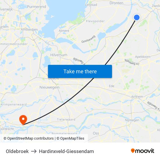 Oldebroek to Hardinxveld-Giessendam map