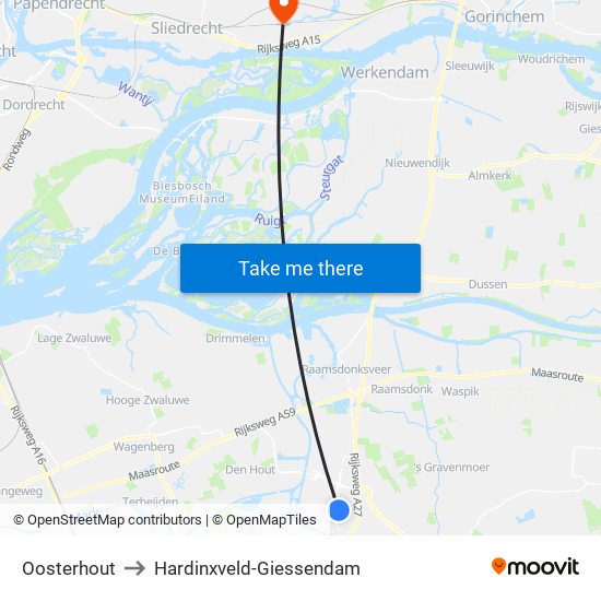 Oosterhout to Hardinxveld-Giessendam map