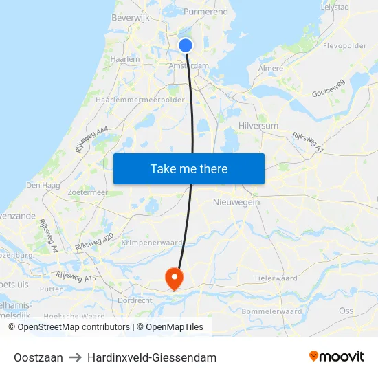 Oostzaan to Hardinxveld-Giessendam map
