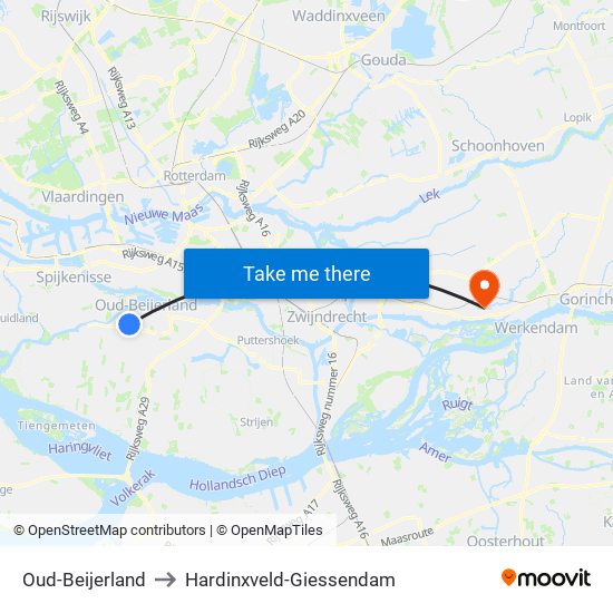 Oud-Beijerland to Hardinxveld-Giessendam map