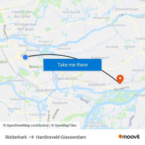 Ridderkerk to Hardinxveld-Giessendam map