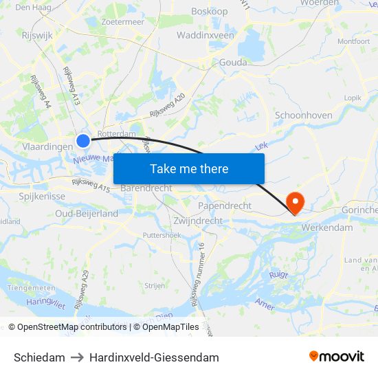 Schiedam to Hardinxveld-Giessendam map